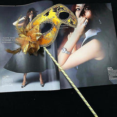 Nessiworld Luxury Stone Handle Masquerade Mask Gold Color 35 cm