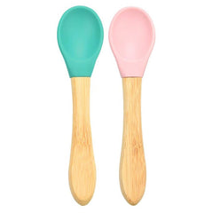 Nessiworld Bamboo Handle Silicone Feeding Spoon 2 Piece Green Pink