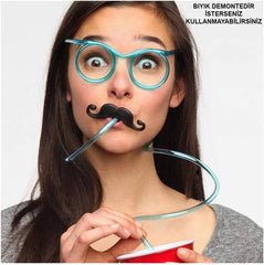 Nessiworld Party Glasses with Straw - Child and Adult Mustache Glasses with Straw Blue Color 18x14 cm