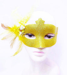 Masque boule NessiWorld brodé de paillettes et de perles, plumes détaillées, couleur or 13 x 18 cm