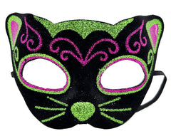 Nessiworld Black Velvet Coated Pink Green Glitter Embroidered Cat Mask 20x13 cm