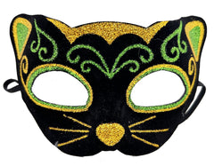 Nessiworld Black Velvet Coated Yellow Green Glitter Embroidered Cat Mask 20x13 cm