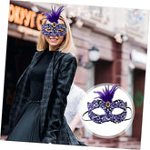 NessiWorld Black Velvet Colorful Sequined Sequined Purple Feather Purple Stone Party Mask 19x21 cm
