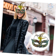 Nessiworld Black Velvet Colorful Sequined Sequined Yellow Feather Yellow Stone Party Mask 19x21 cm