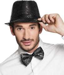 Ensemble chapeau et nœud papillon à paillettes noires Nessiworld – Costume adulte à paillettes