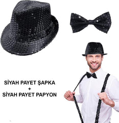 Ensemble chapeau et nœud papillon à paillettes noires Nessiworld – Costume adulte à paillettes