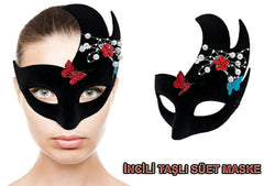 Nessiworld Black Color Pearl Stone Suede Coating Venetian Party Mask 20x22 cm