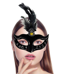 Nessiworld Black Color Feathered Black Suede Coating Party Ball Mask 20X16 cm