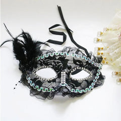 NessiWorld Black Color Side Feather Pearl Embroidered Stone Lace Party Mask 17x12 cm
