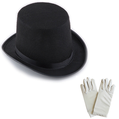 Chapeau Fedora Nessiworld Black Wizard 15 cm - 1 paire de gants blancs Wizard - Taille adulte