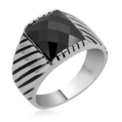 Bague homme en argent et pierre de zircon noir
