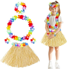 Nessiworld Adult Child Hawaii Party Set - 40 cm Natural Skirt + Flower Accessories (5 Pieces)