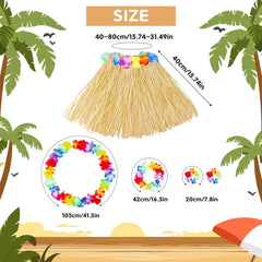 Nessiworld Adult Child Hawaii Party Set - 40 cm Natural Skirt + Flower Accessories (5 Pieces)