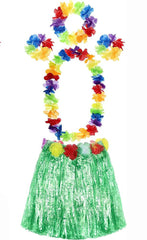 NessiWorld Yetişkin ve Çocuk Uyumlu Luau Aloha Hawaii Yeşil Etek ve Renkli Kolye Taç 2 Adet Bileklik Seti