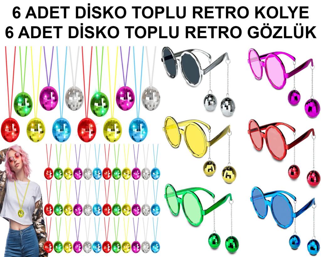 Nessiworld 12 Piece Colorful Disco Ball Retro Party Set – 6 Necklaces + 6 Glasses