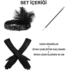 Nessiworld 1920&amp;#39;ler Gatsby Aksesuar Seti – Siyah Charleston Saç Bandı, Uzun Eldiven &amp; Sigaralık
