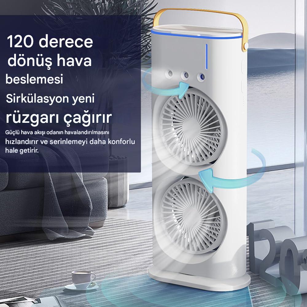 Meanyou Çift Başlıklı Buharlı Soğutucu Kule Fanı – Şarjlı, Nemlendirici, Renkli Işıklı, Taşınabilir Uzaktan Kumandalı