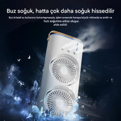 Meanyou Çift Başlıklı Buharlı Soğutucu Kule Fanı – Şarjlı, Nemlendirici, Renkli Işıklı, Taşınabilir Uzaktan Kumandalı