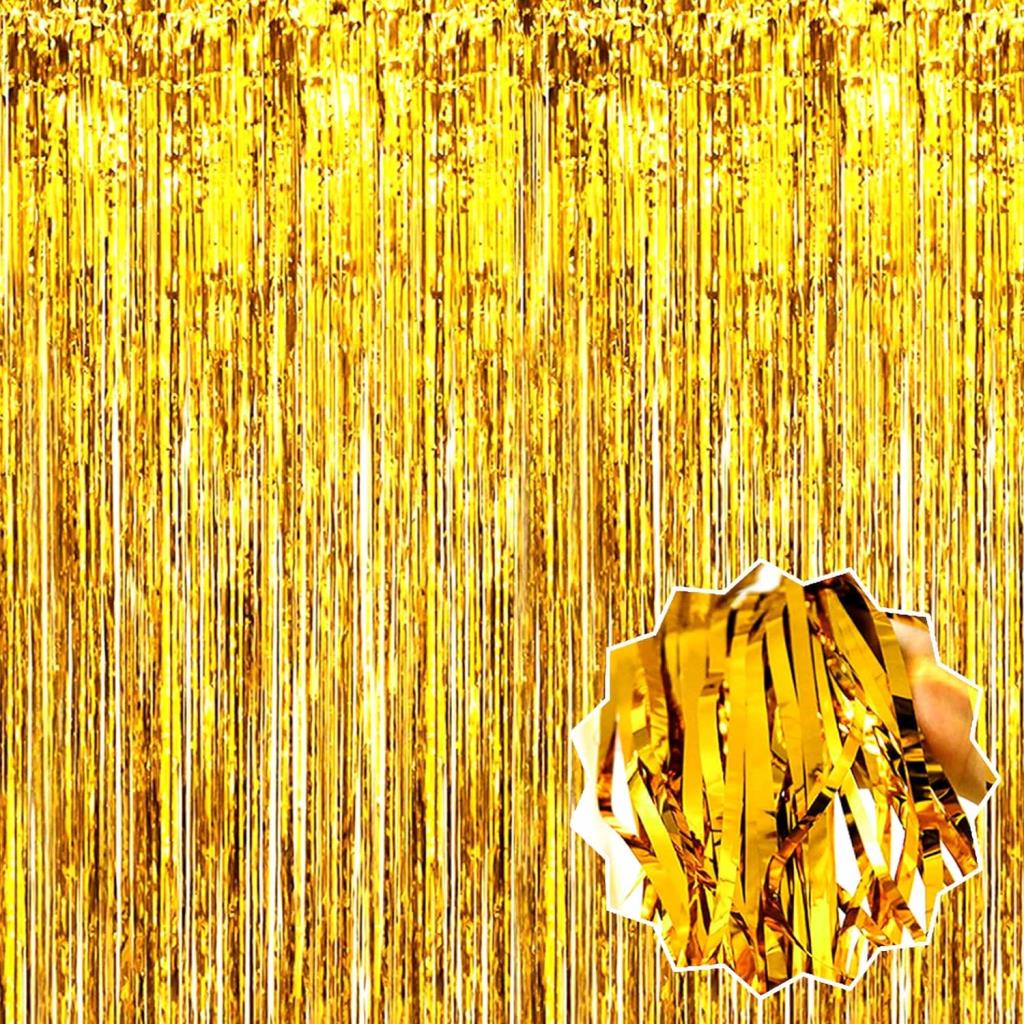 Nessiworld Gold Gold Color Extra Metallized Shiny Fringed Background Curtain Imported A Quality 1x2 Meters
