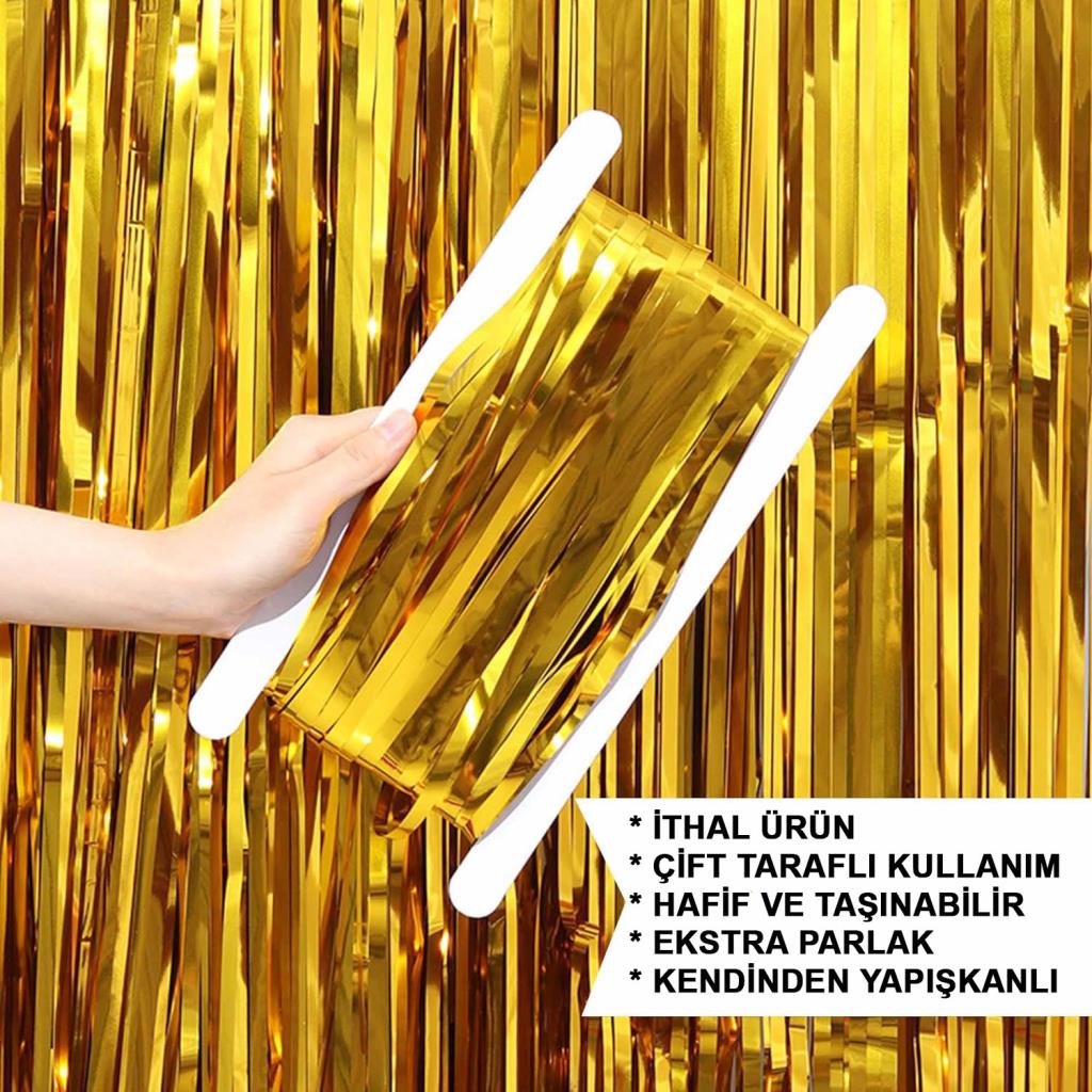 Nessiworld Gold Gold Color Extra Metallized Shiny Fringed Background Curtain Imported A Quality 1x2 Meters