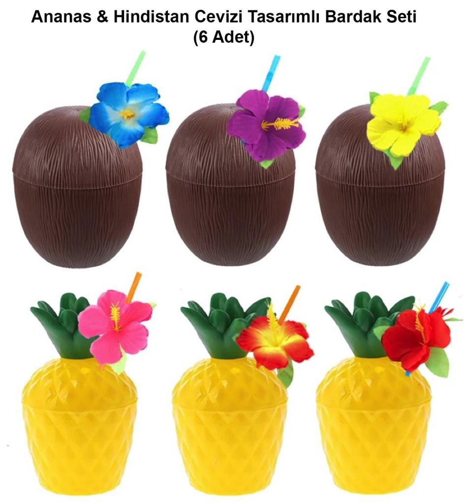 Nessiworld Ananas &amp; Hindistan Cevizi Tasarımlı Pipetli Bardak Seti (6 Adet)