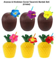 Nessiworld Ananas &amp; Hindistan Cevizi Tasarımlı Pipetli Bardak Seti (6 Adet)