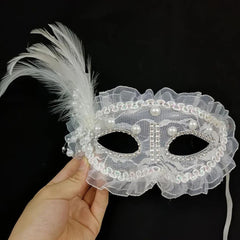 NessiWorld White Color Side Feather Pearl Embroidered Stone Lace Party Mask 17x12 cm