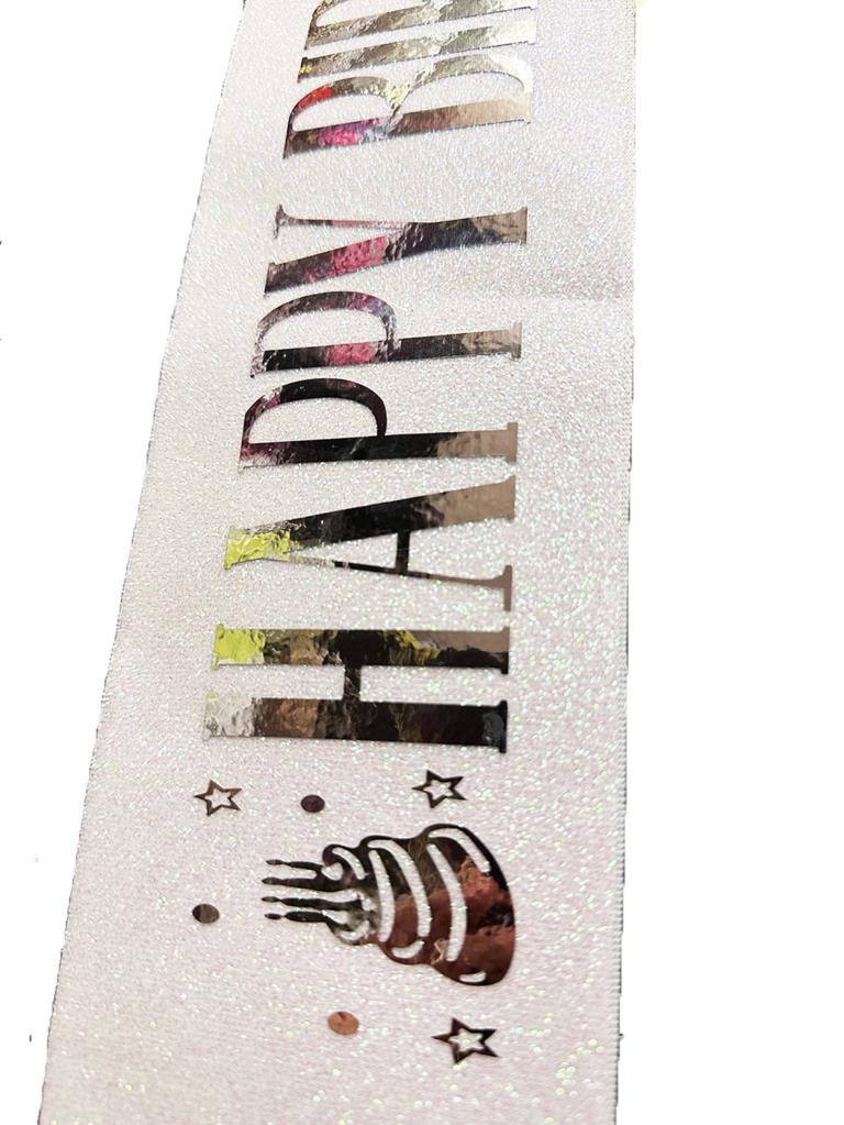 NessiWorld White Silver Large Happy Birthday Written Glittery Shiny Belt 10 cm Width