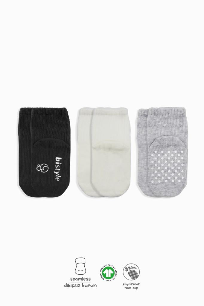 Nessiworld Bistyle Basic Non-Slip Combed Cotton Socks 3-Pack BS10106 Black Ecru Gray