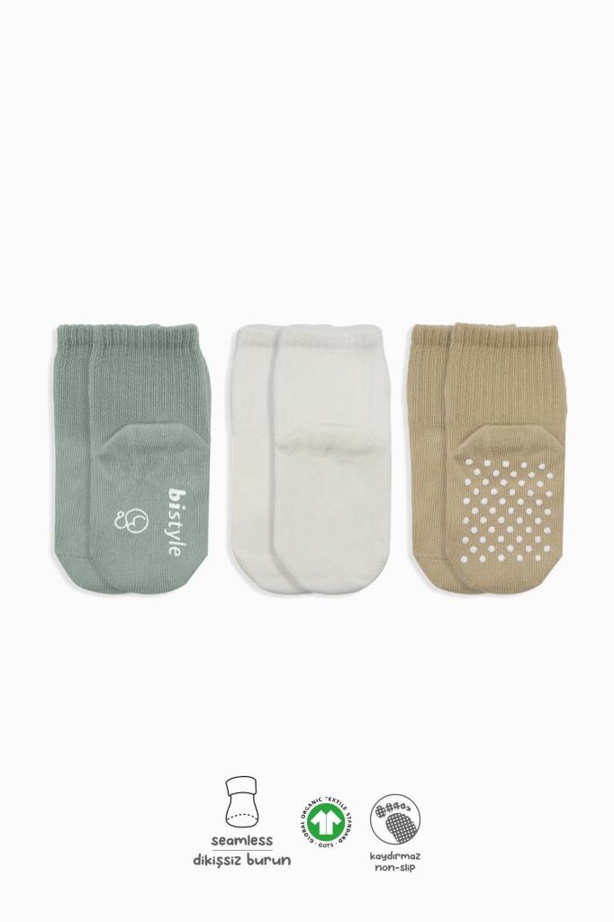 Nessiworld Bistyle Basic Non-Slip Combed Cotton Socks 3-Piece BS10107 Nil Ecru Beige