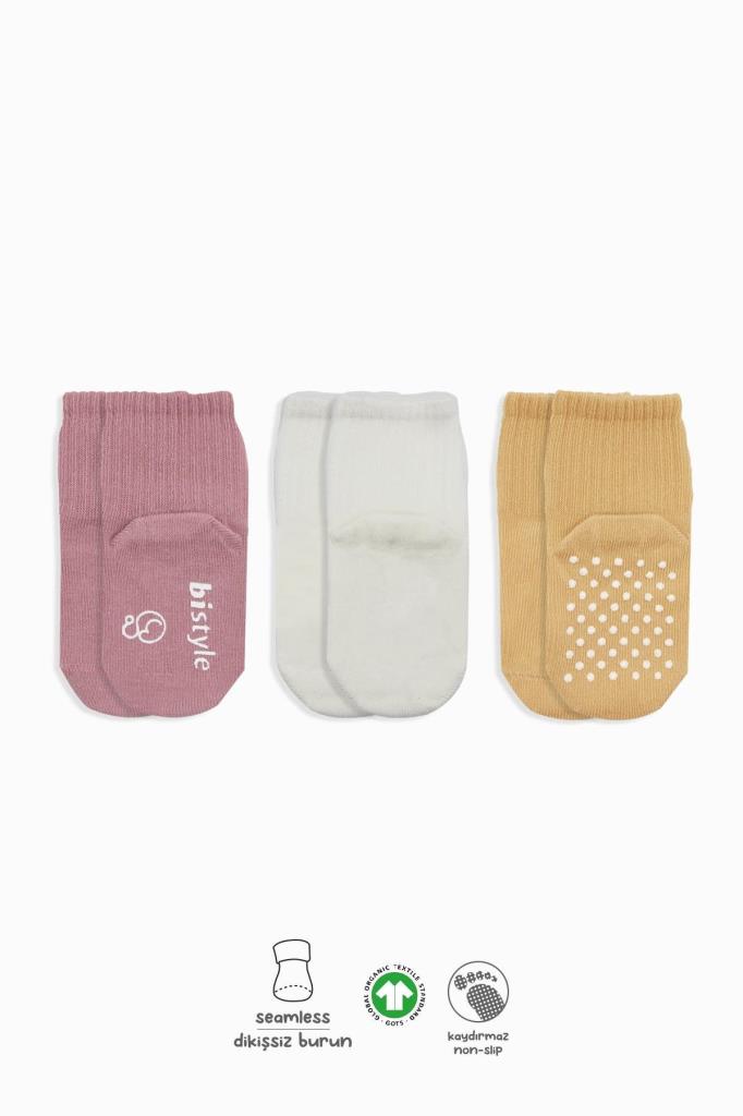 Nessiworld Bistyle Basic Non-Slip Combed Cotton Ankle Socks 3-Pack BS10107 Powder Ecru Salmon