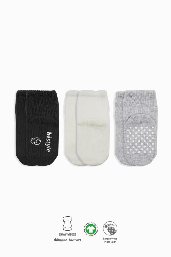 Nessiworld Bistyle Basic Non-Slip Combed Cotton Socks 3-Pack BS10107 Black Ecru Gray