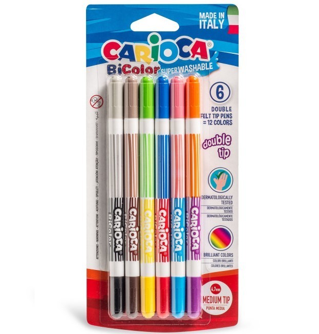 Nessiworld Carioca Bicolor Super Washable Double Ended Felt Tip Crayons 6 Pieces 12 Colors