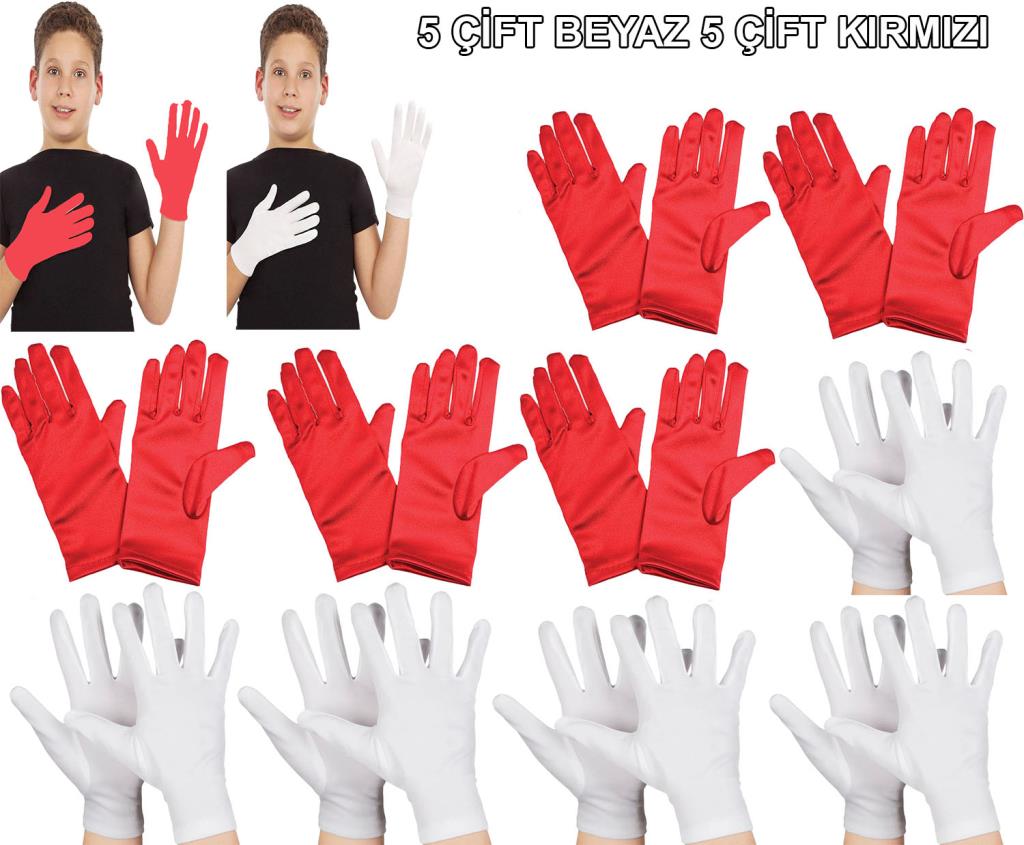 Nessiworld Çocuk Gösteri Eldiven Seti – 5 Çift Beyaz &amp; 5 Çift Kırmızı