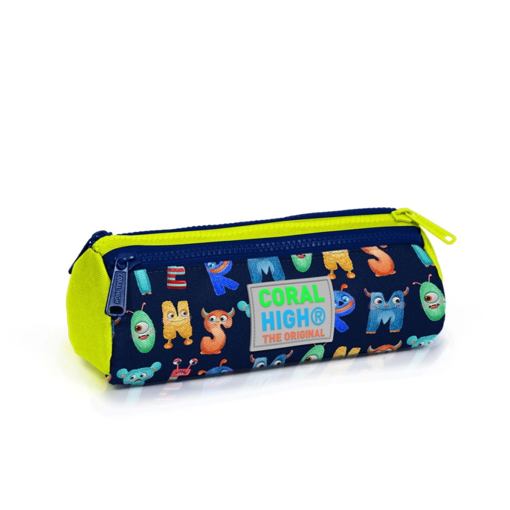 Nessiworld Coral High Kids Navy Blue Neon Yellow Monster Patterned Three Compartment Pencil Bag 22026