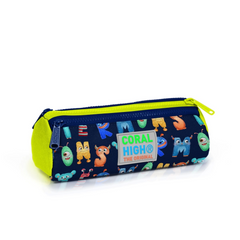 Nessiworld Coral High Kids Navy Blue Neon Yellow Monster Patterned Three Compartment Pencil Bag 22026