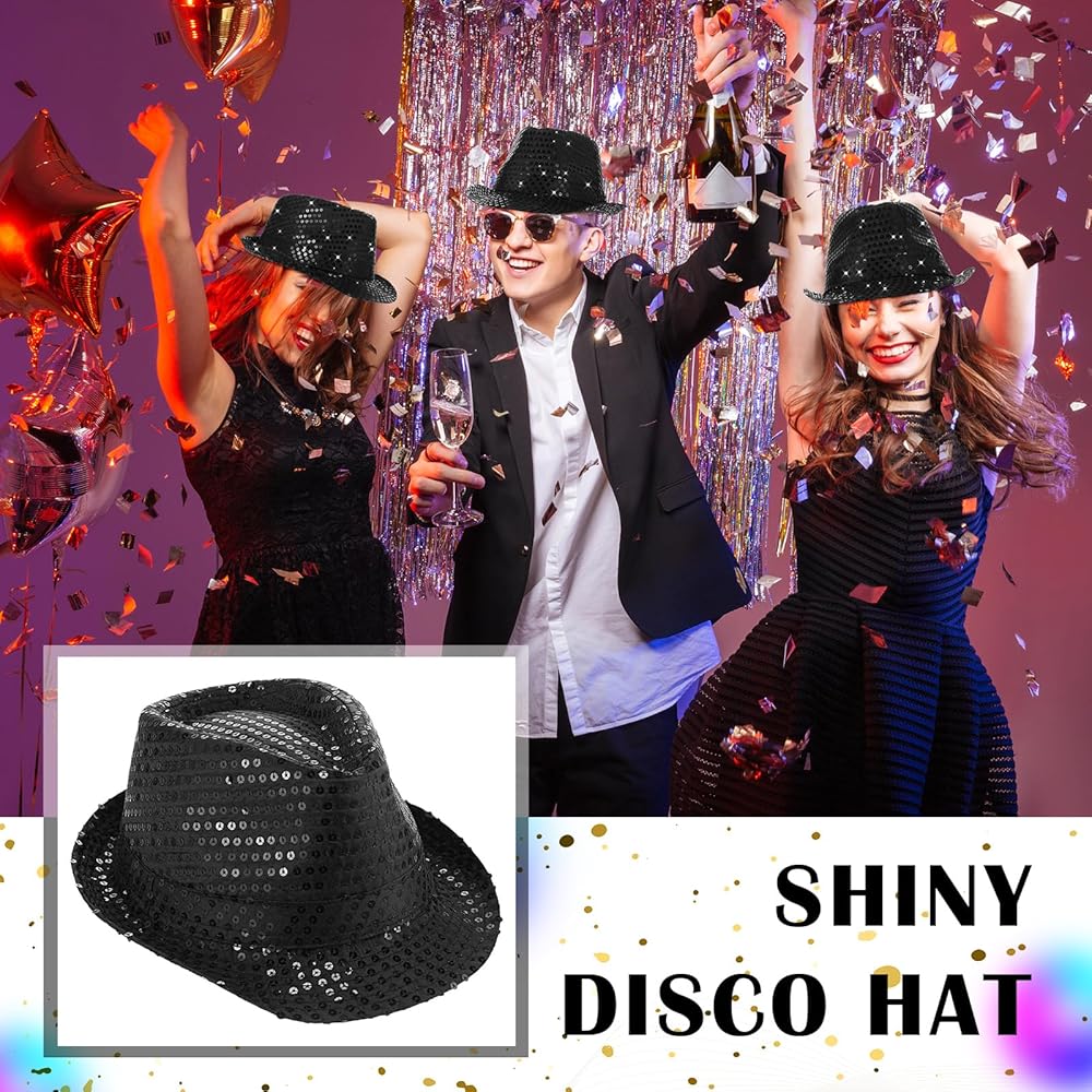 Nessiworld Disco Star Black Sequined Fedora Hat Adult Size