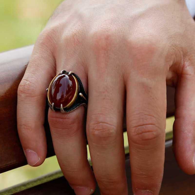 Silver Agate Stone Eagle Claw Men's Ring