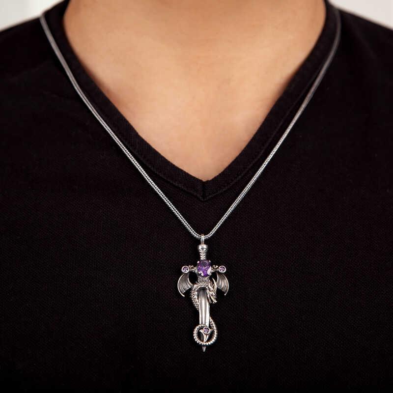 Silver Amethyst Stone Dragon Men's Sword Necklace