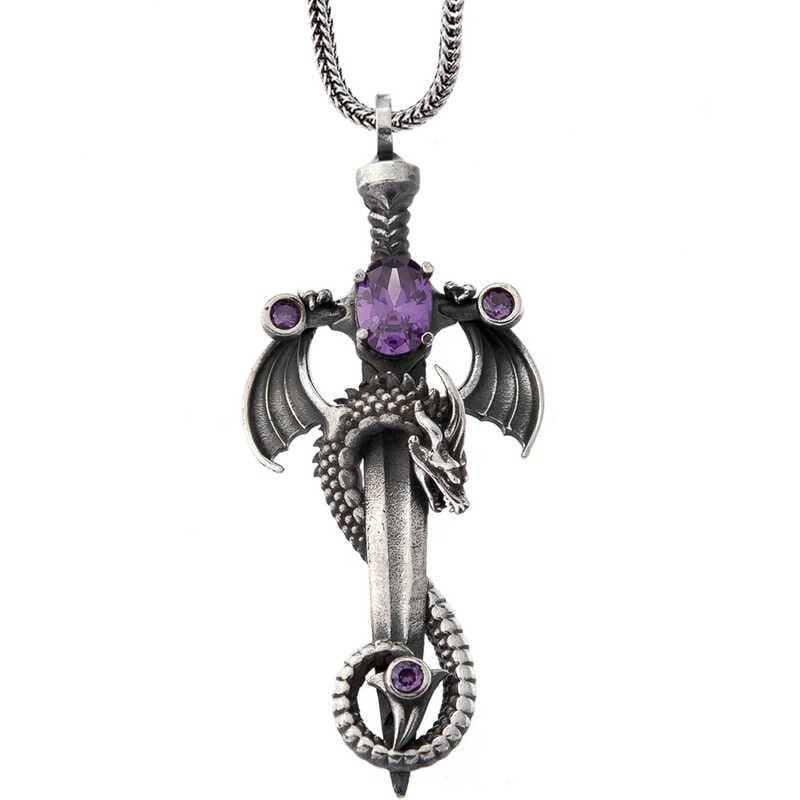 Silver Amethyst Stone Dragon Men's Sword Necklace