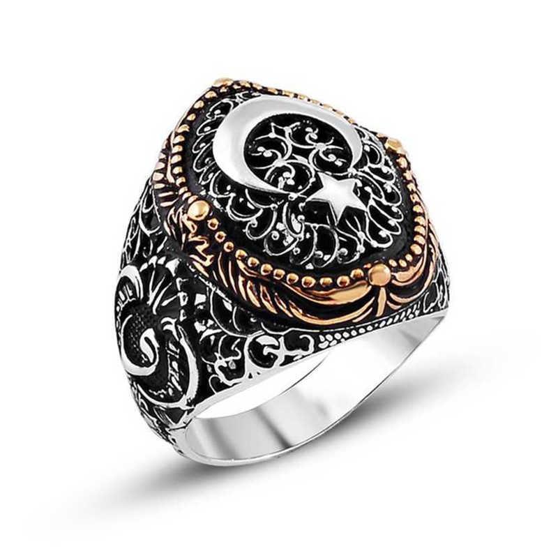 Silver Crescent Star Men's Ring 