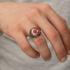 Silver Crescent Star Men's Ring