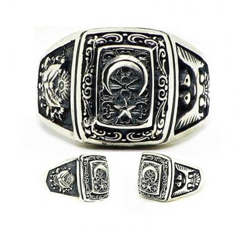 Bague pour homme en argent avec motif d'aigle et d'armoiries ottomanes en forme de croissant d'étoile 