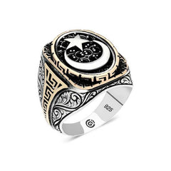 Bague pour homme ovale en argent avec croissant d'étoile