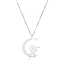 Silver Moon Sitting Angel Women Necklace