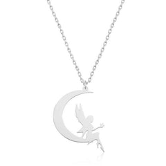 Silver Moon Sitting Water Fairy Lady Necklace 