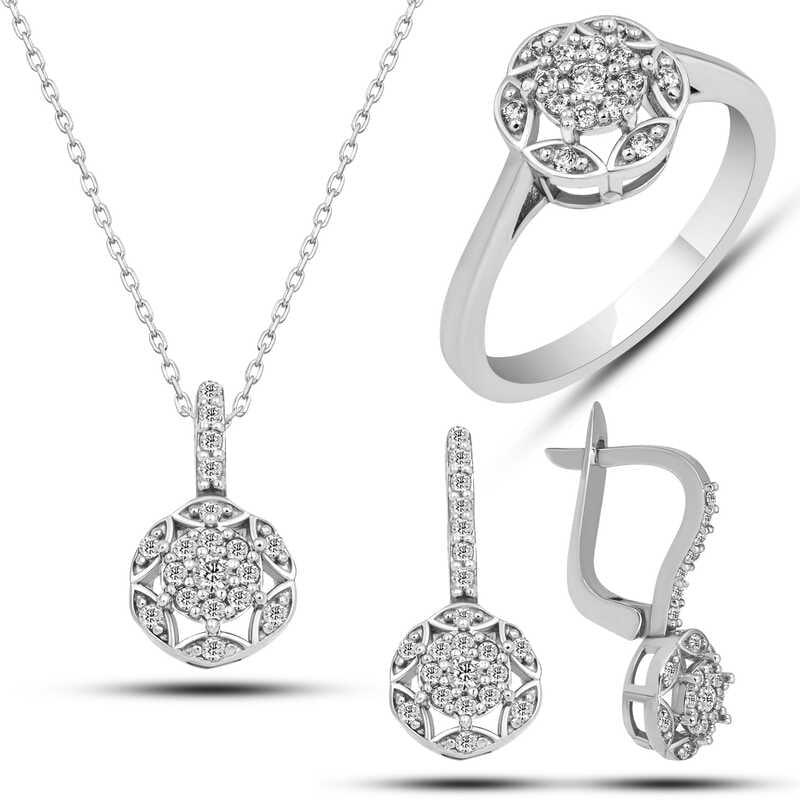 Silver White Zircon Stone Flower Women's Set
