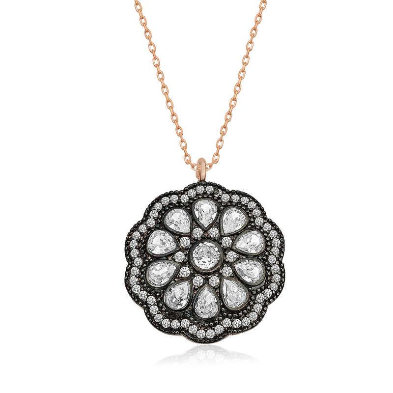 Silver Flower Patterned Diamond Mounted Necklace