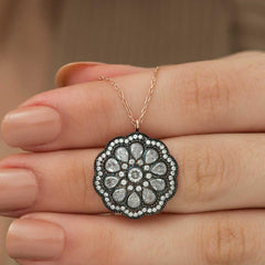 Silver Flower Patterned Diamond Mounted Necklace