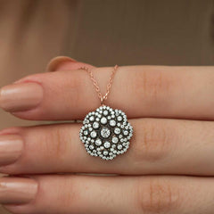 Silver Flower Patterned Diamond Mounted Necklace